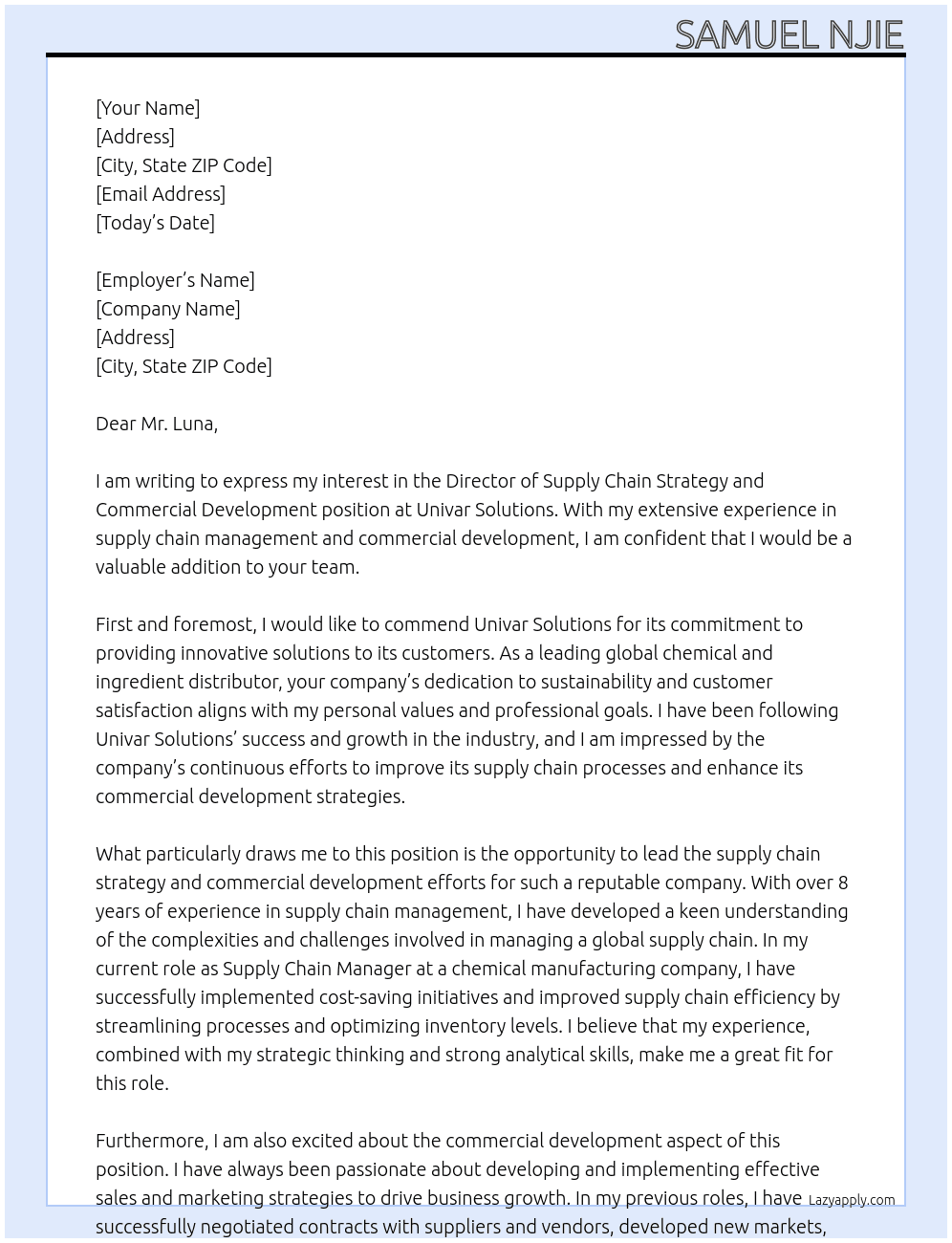 Director Supply Chain Strategy and Commercial Development At Univar Solutions Cover Letter