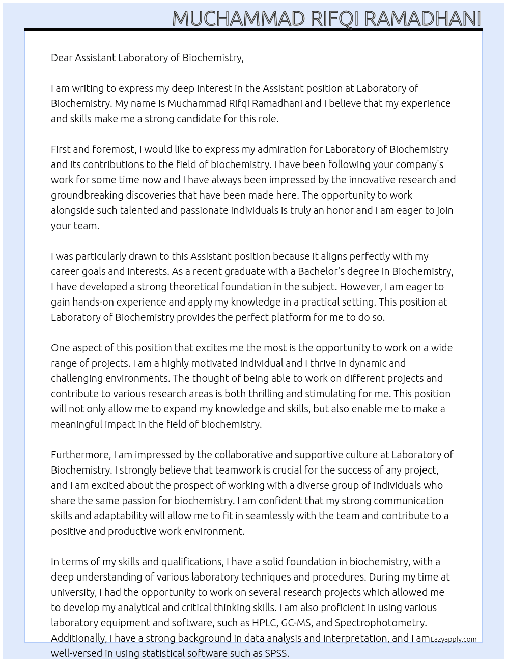 Assistant At Labroratory of Biochemistry Cover Letter
