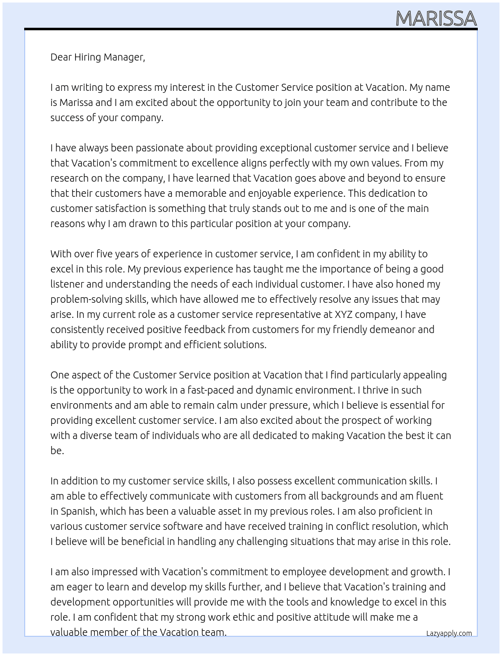 Customer Service At Vacation Cover Letter