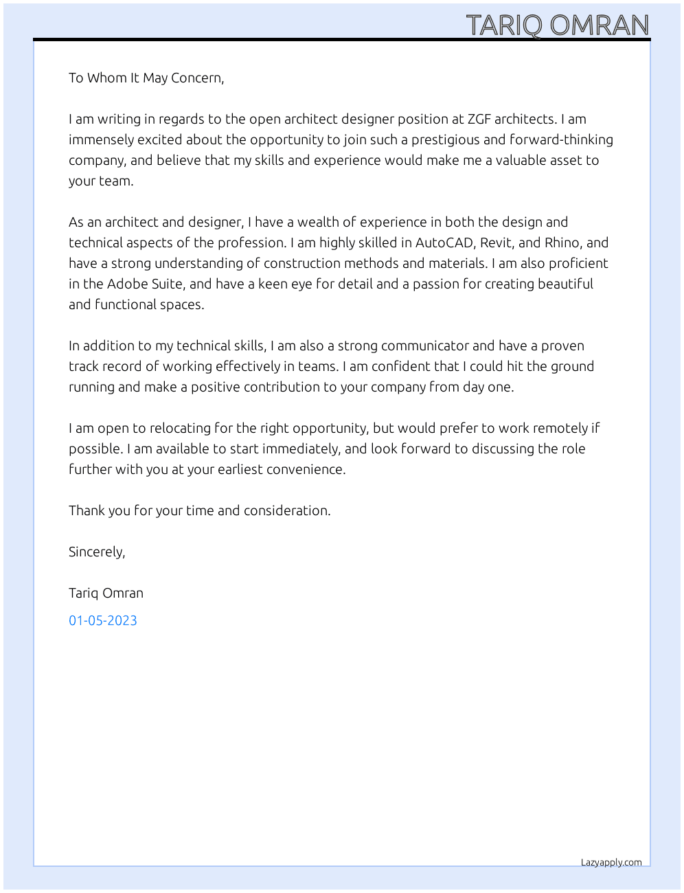 architect designer At ZGF architects Cover Letter