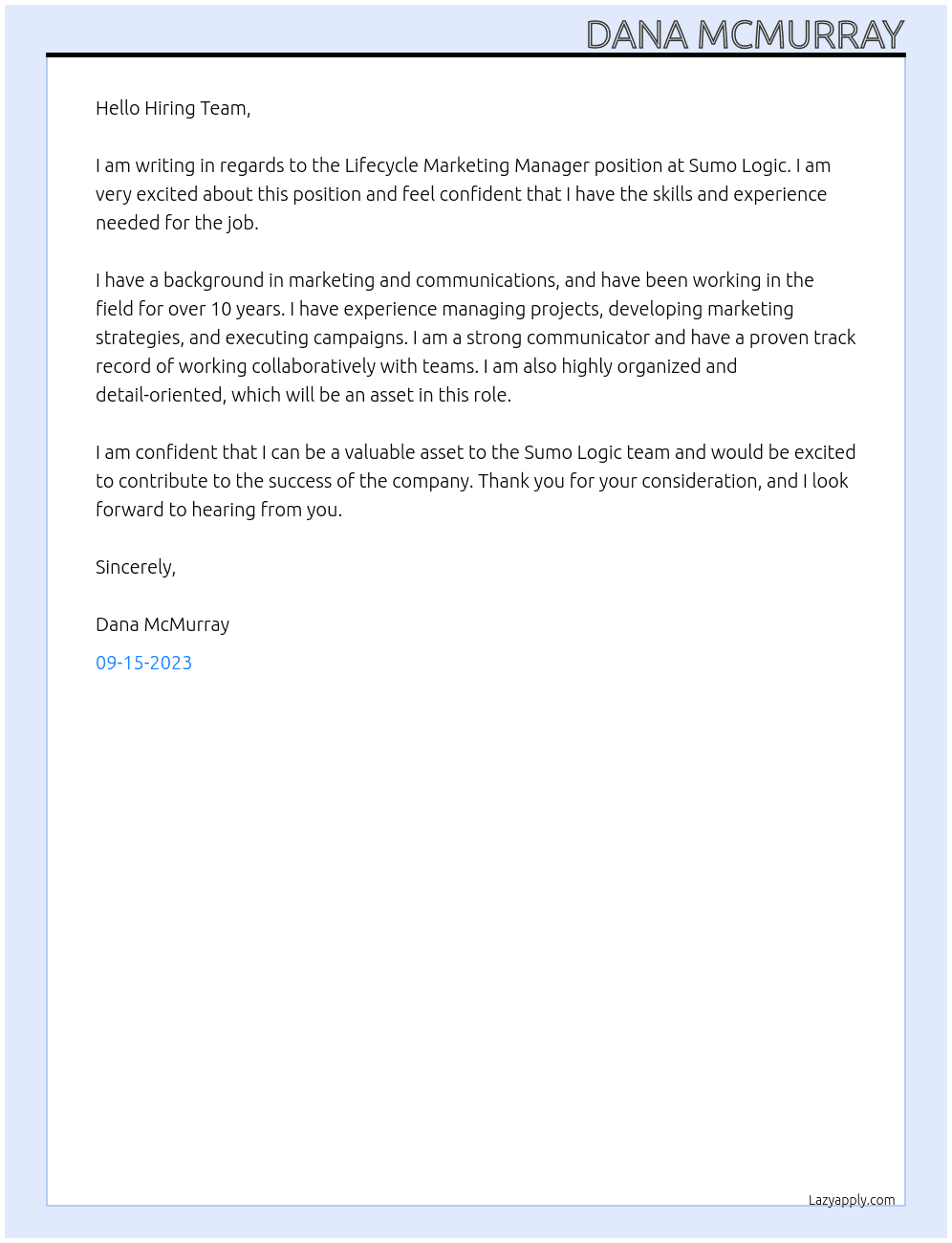 Lifecycle Marketing Manager At Sumo Logic Cover Letter