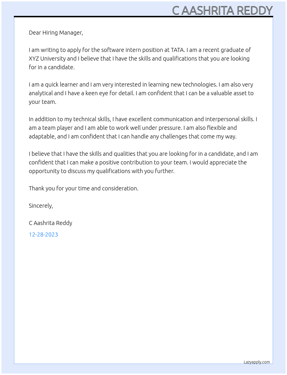 software intern At TATA Cover Letter