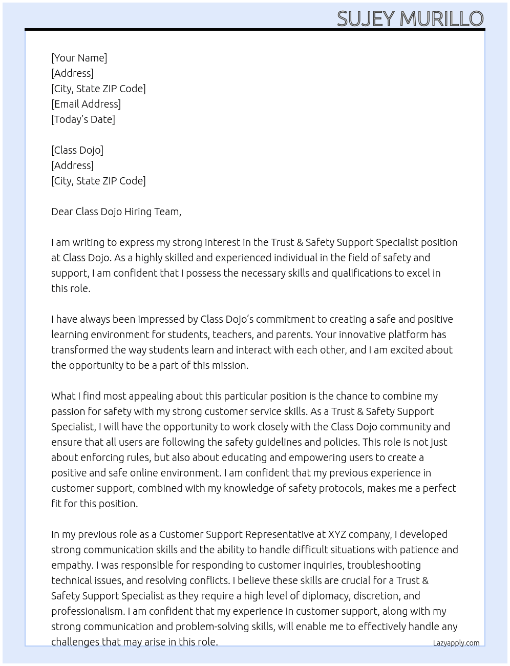 Trust & Safety Support Specialist At Class Dojo Cover Letter