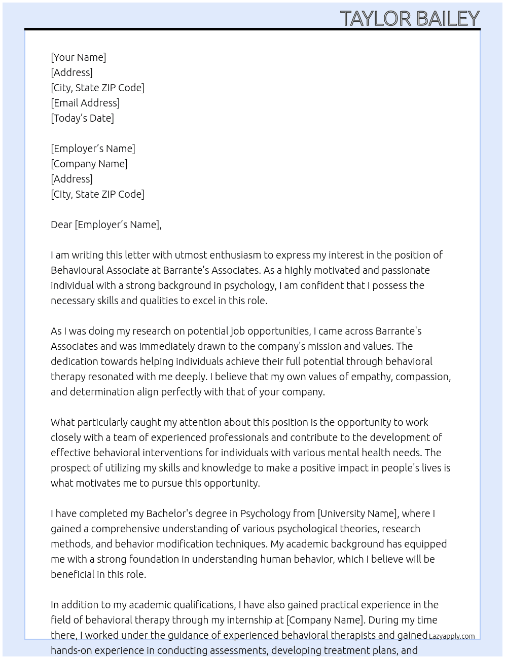 Behavioural Associate At Barrante's Associates Cover Letter