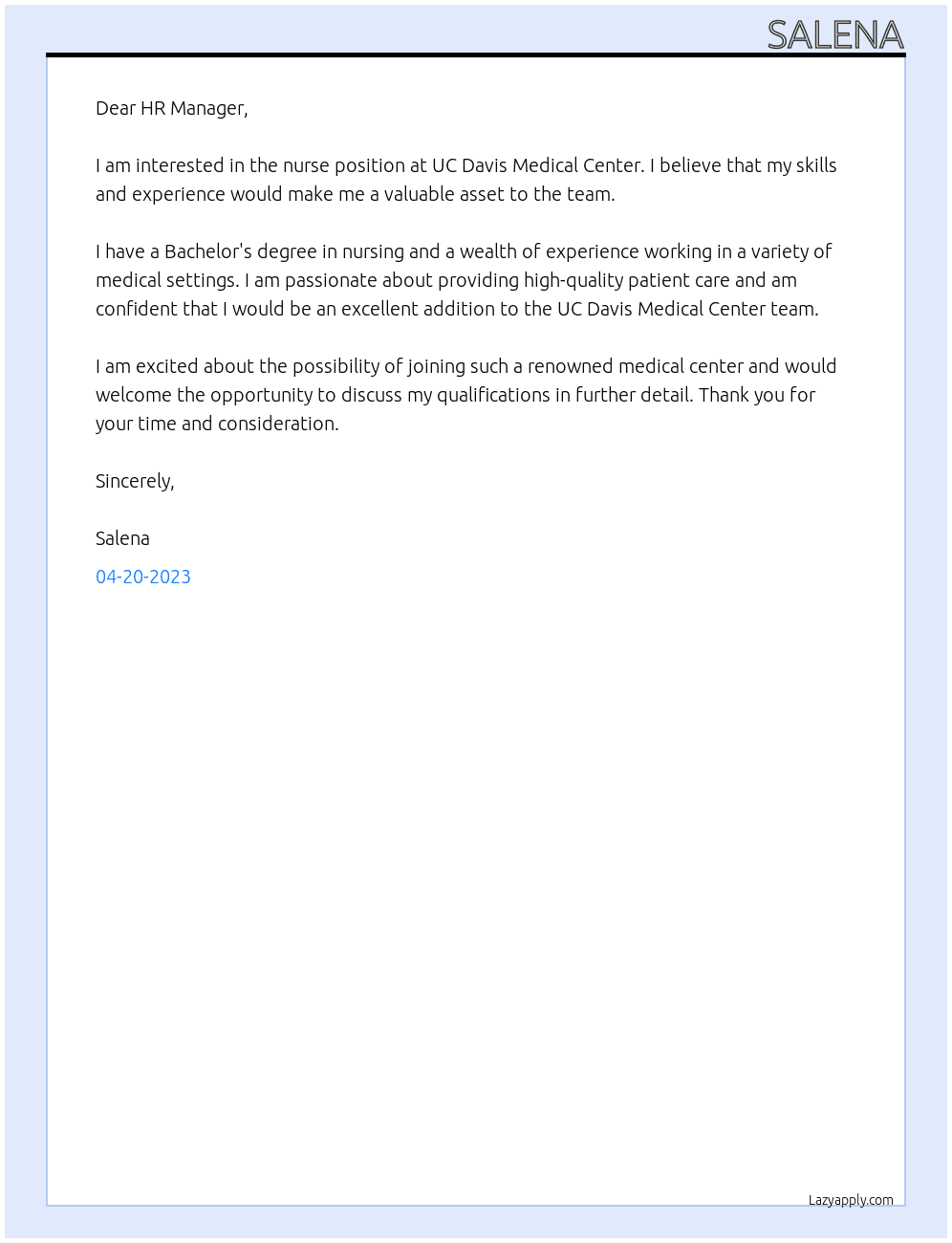 Nurse At UC Davis Medical Center Cover Letter