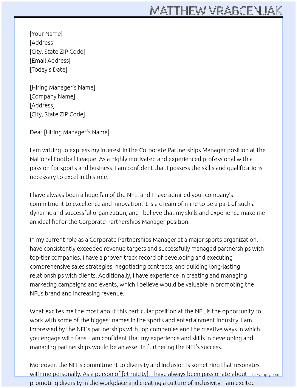 Corporate Partnerships Manager At National Football League Cover Letter