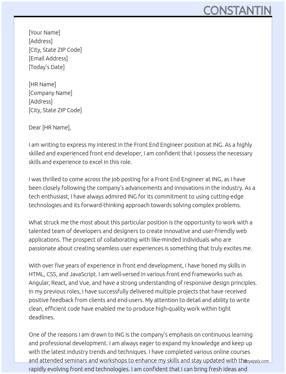 Front end engineer At ING Cover Letter