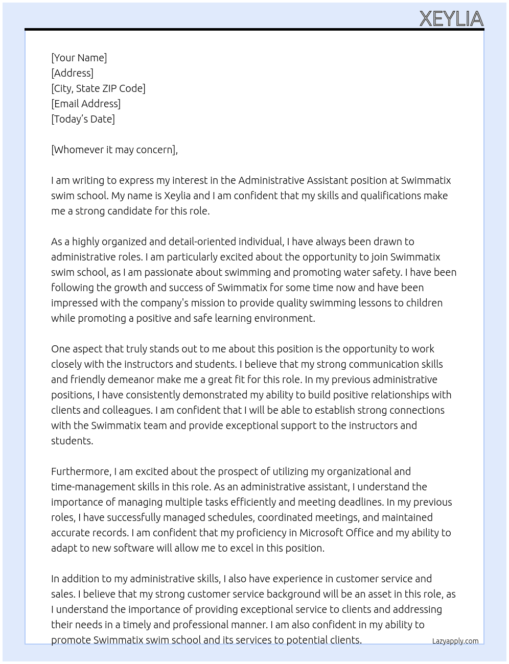 Administrative assistant  At Swimmatix swim school  Cover Letter