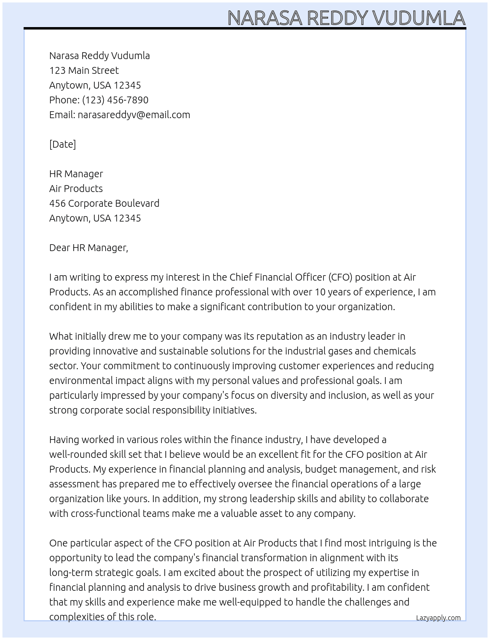 CFO At Air Products Cover Letter
