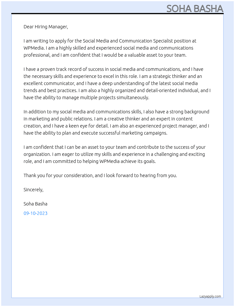 Social Media and Communication Specialist At WPMedia Cover Letter