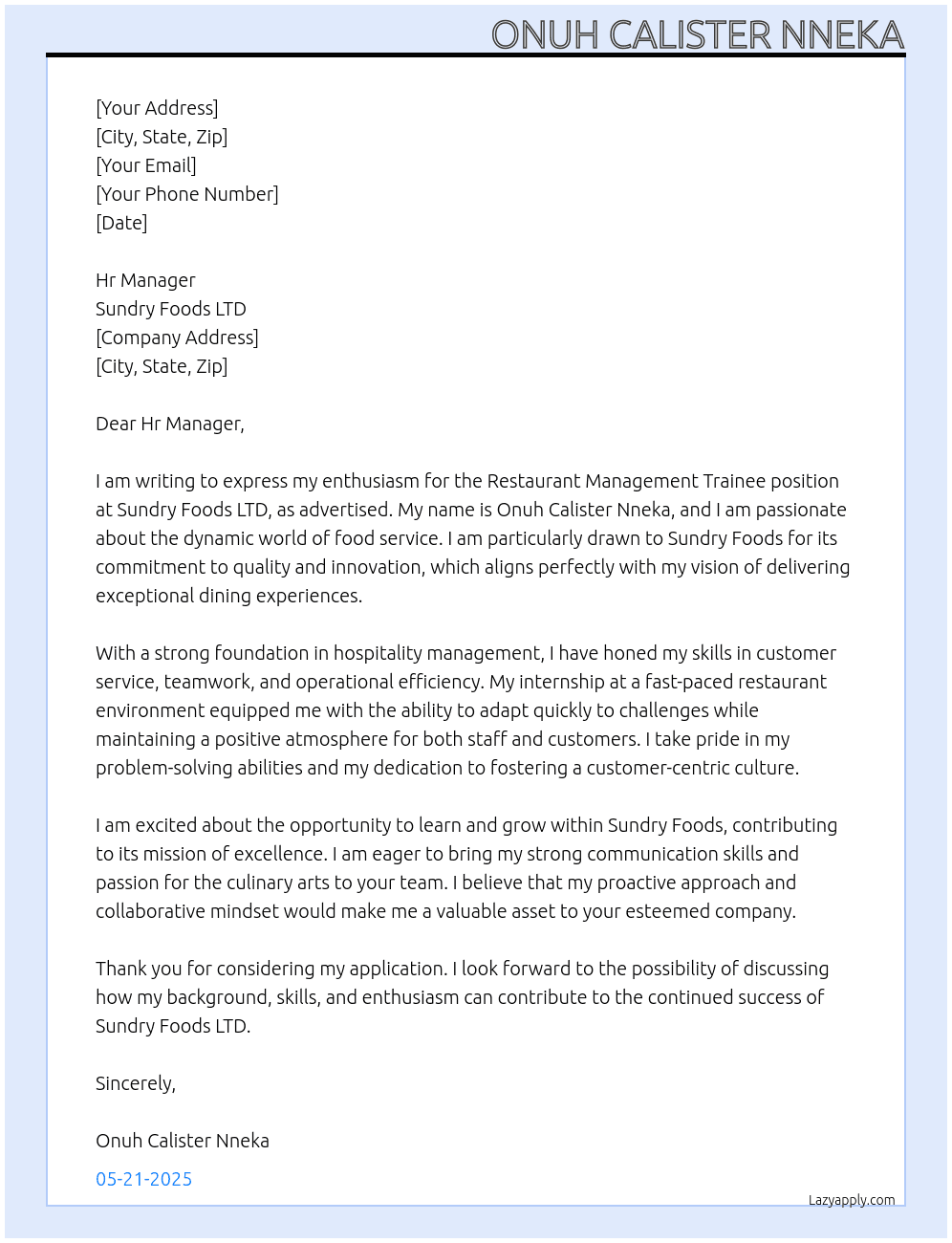 restaurant management trainee At Sundry Foods LTD Cover Letter