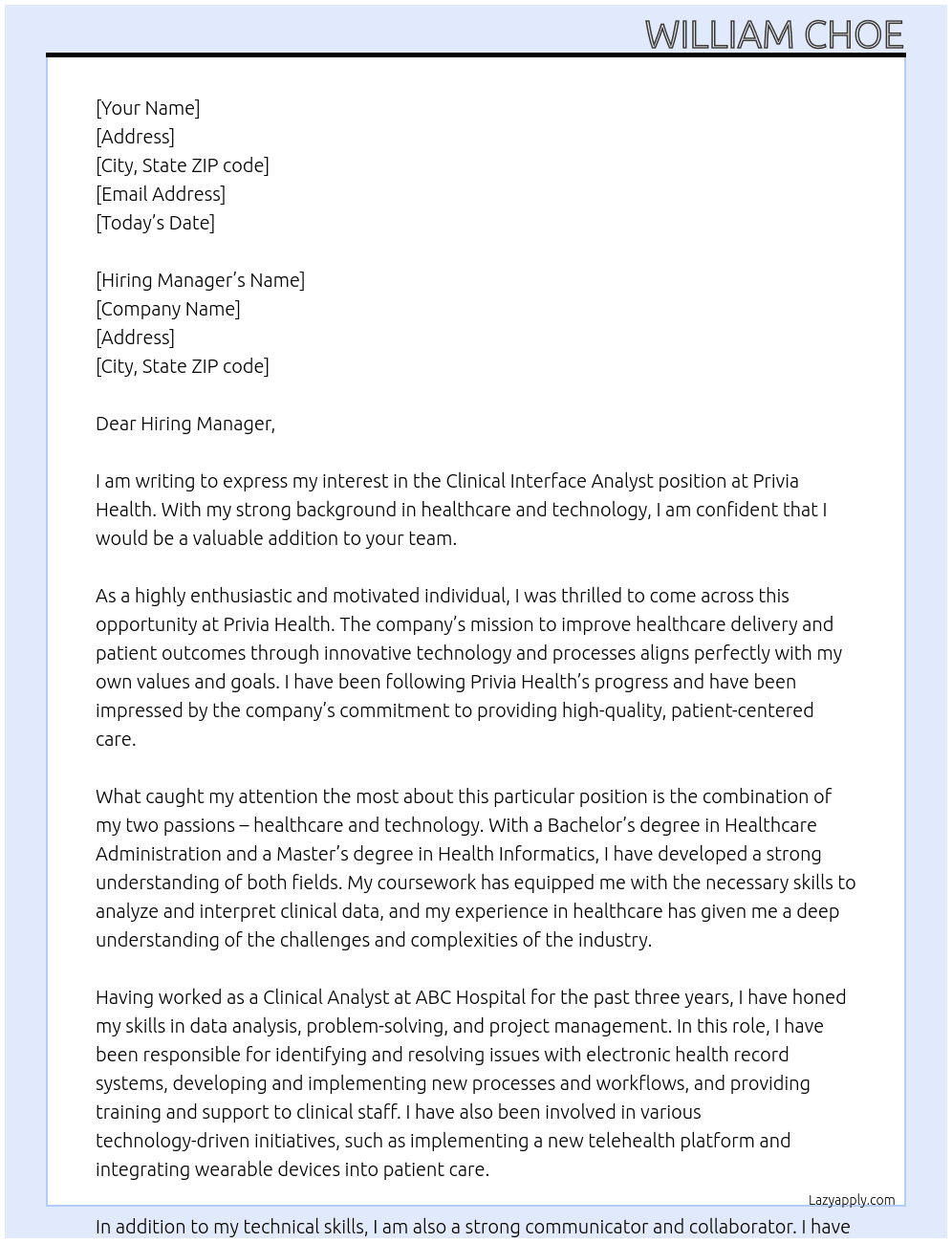 Clinical Interface Analyst At Privia Health Cover Letter