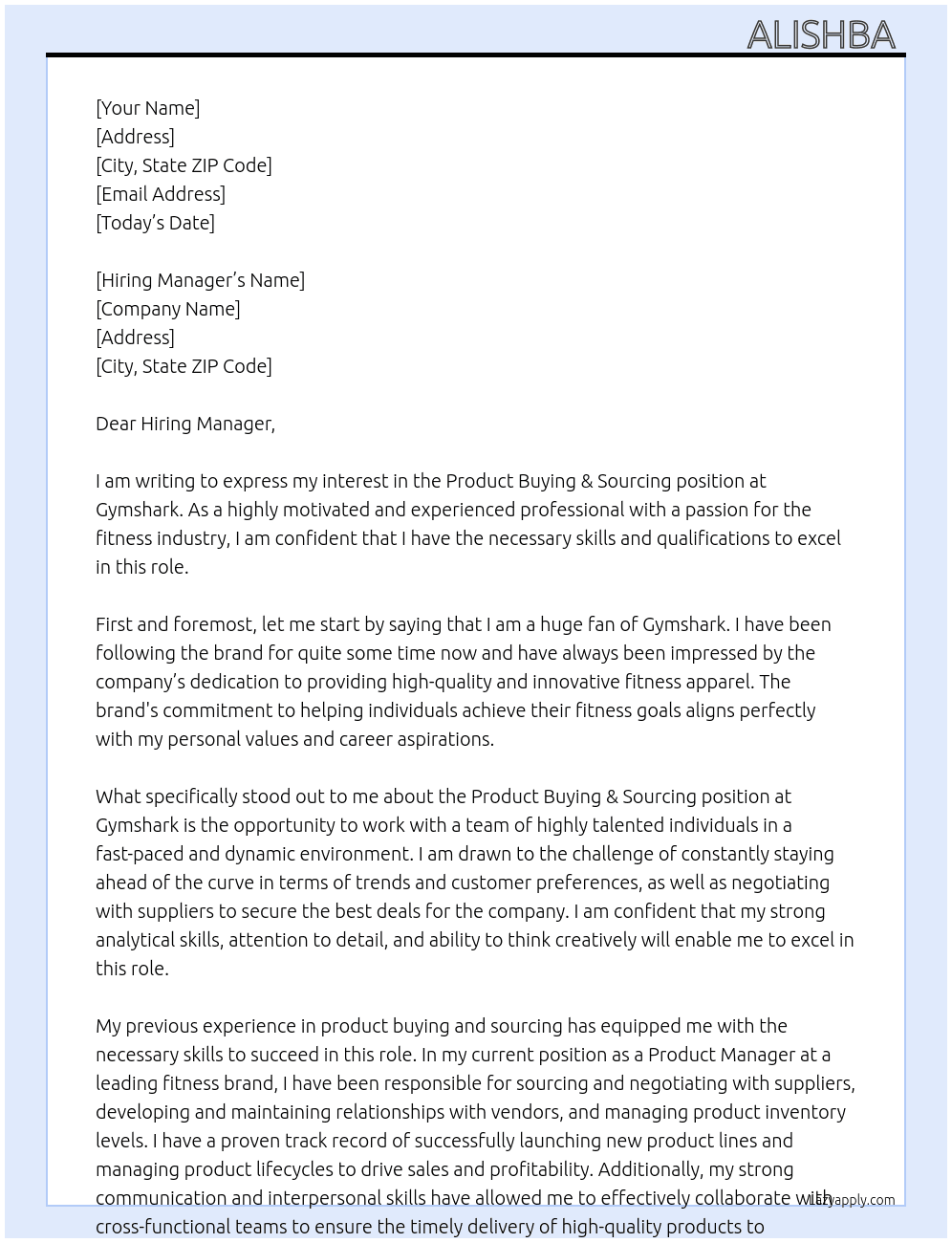 Product Buying & Sourcing  At Gymshark Cover Letter