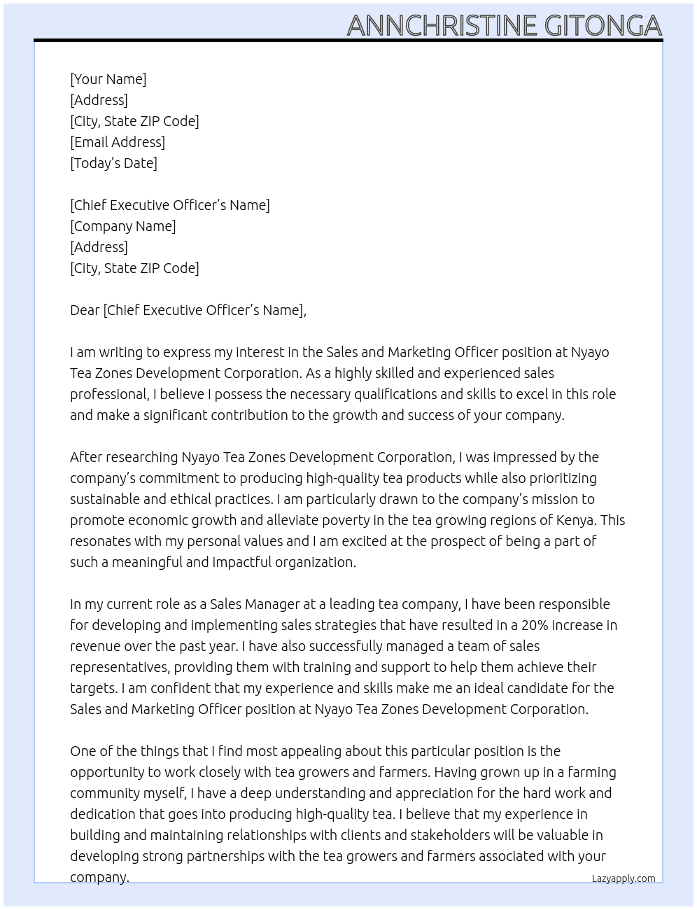 sales and marketing officer At Nyayo Tea Zones Development Corporation Cover Letter
