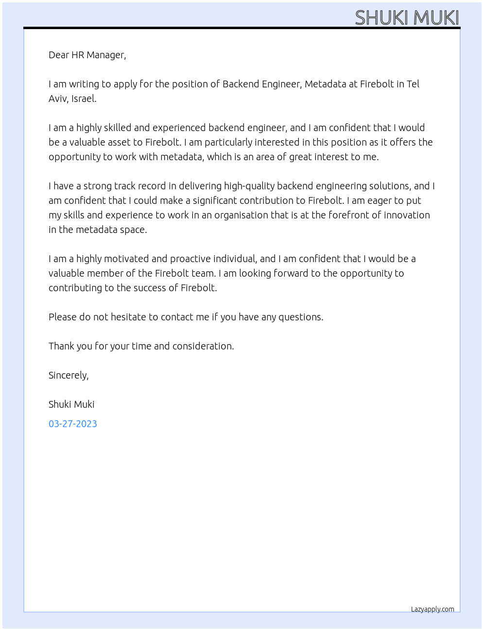 Backend Engineer, Metadata, Tel Aviv, Israel At firebolt Cover Letter