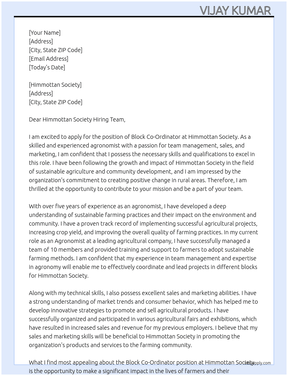 Block Co-Ordinator  At HIMMOTTHAN SOCIETY  Cover Letter