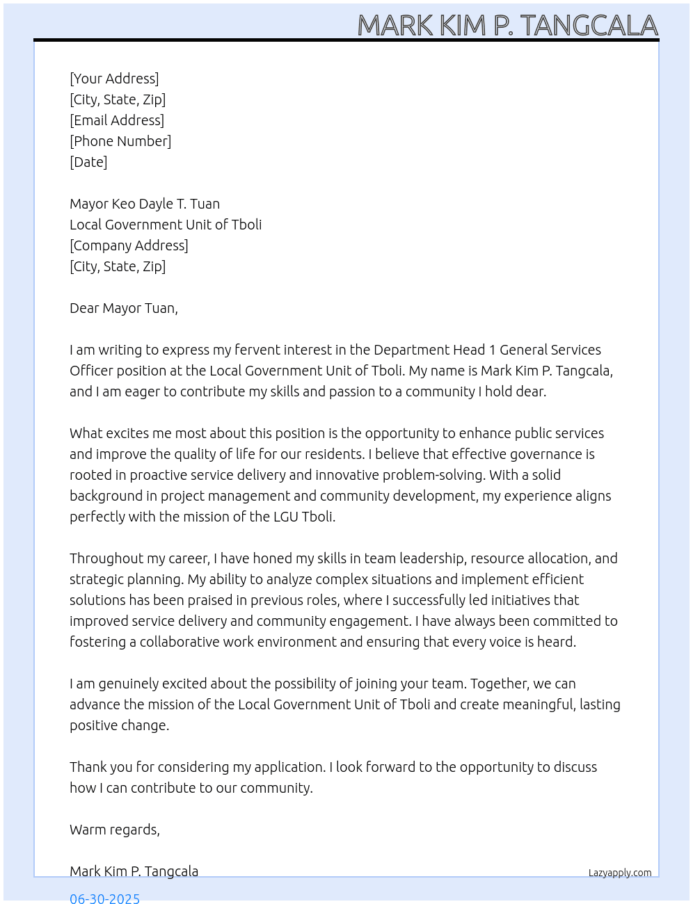 Deparment Head 1 General Services Officer At Local Goverment Unit of Tboli Cover Letter