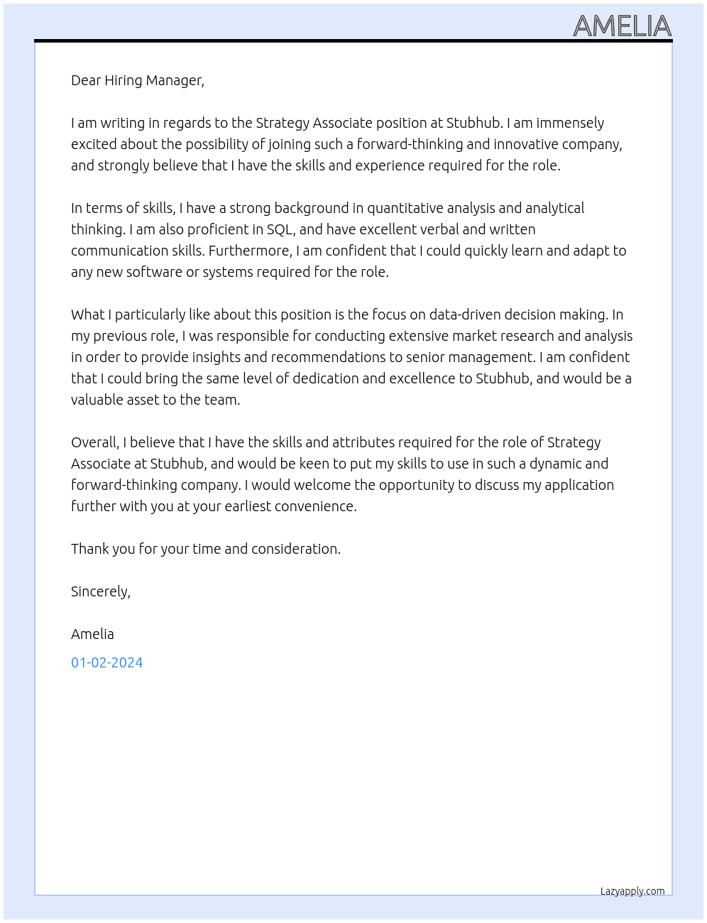 Strategy Associate At Stubhub Cover Letter