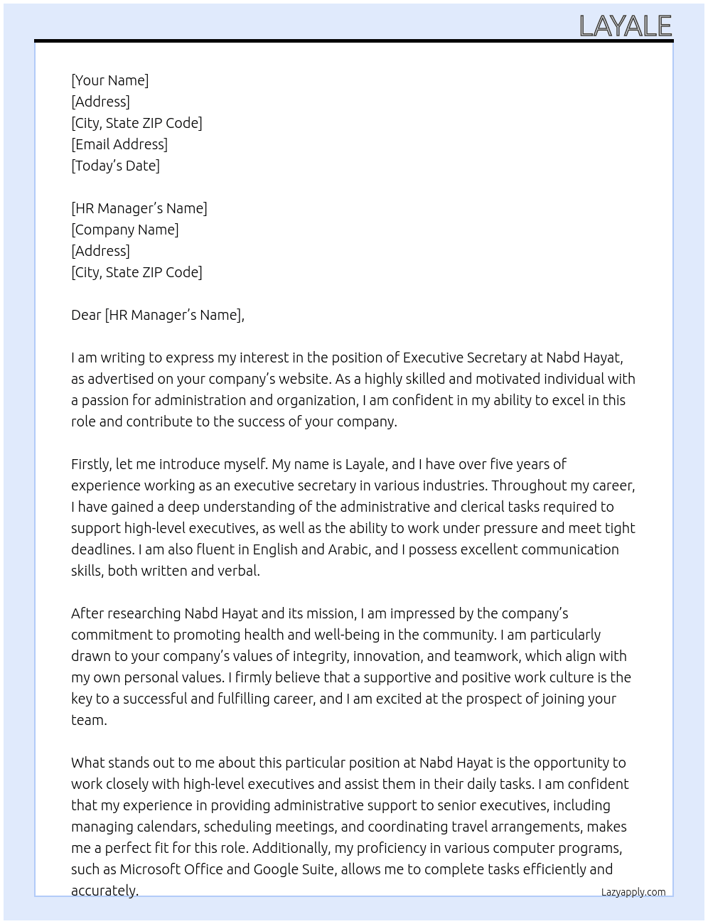 executive secretary At nabd hayat Cover Letter