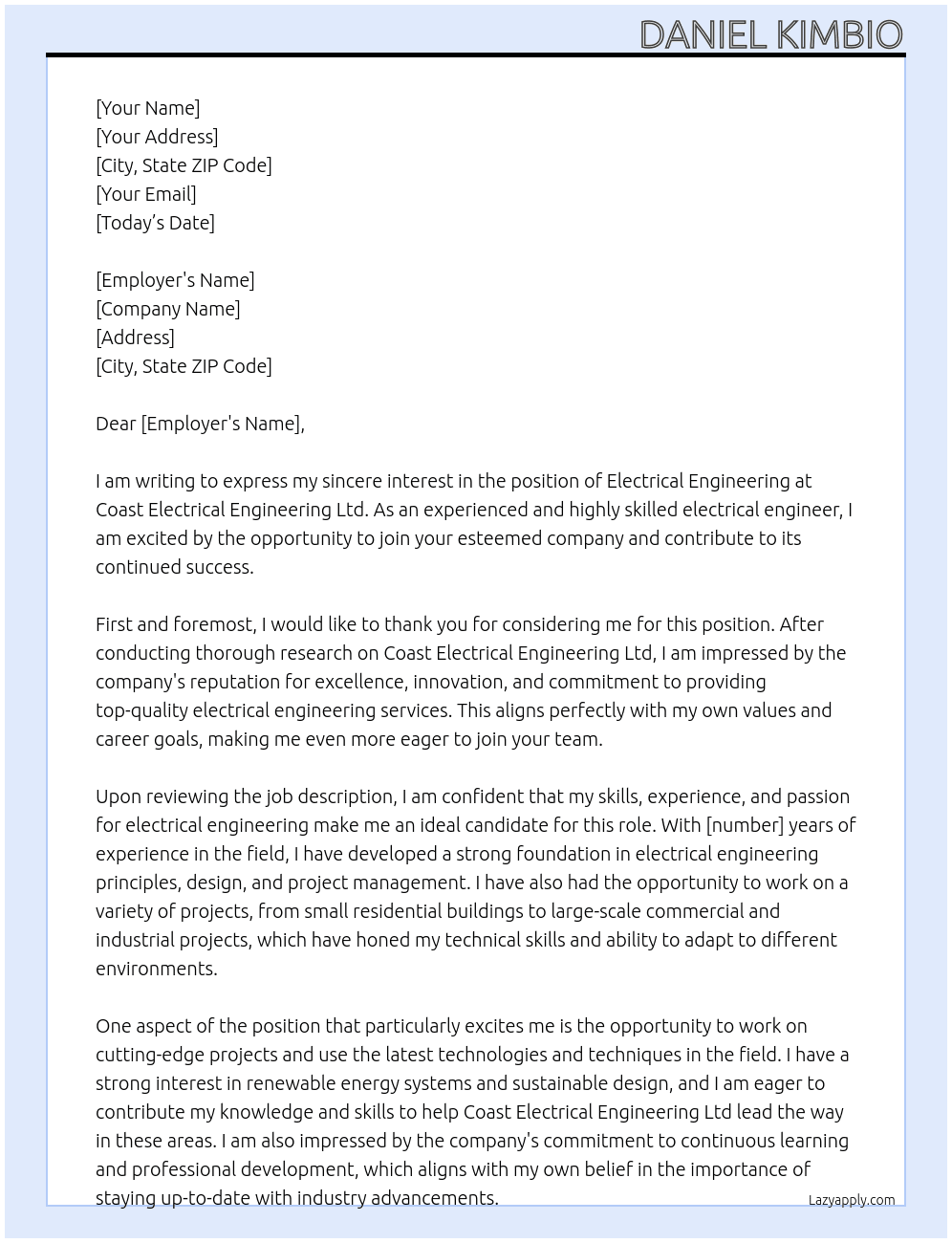 Electrical Engineering At DANIEL KIMBIO Cover Letter