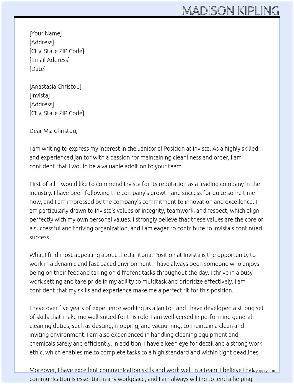 Janitorial Posission At INVISTA  Cover Letter