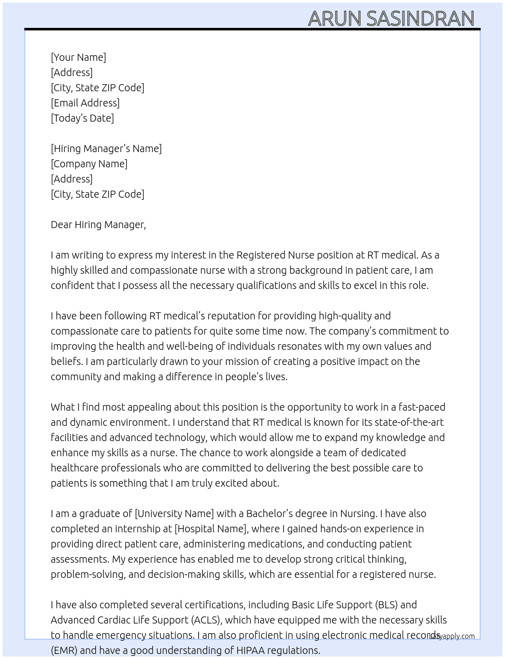 Registered Nurse  At RT medical Cover Letter