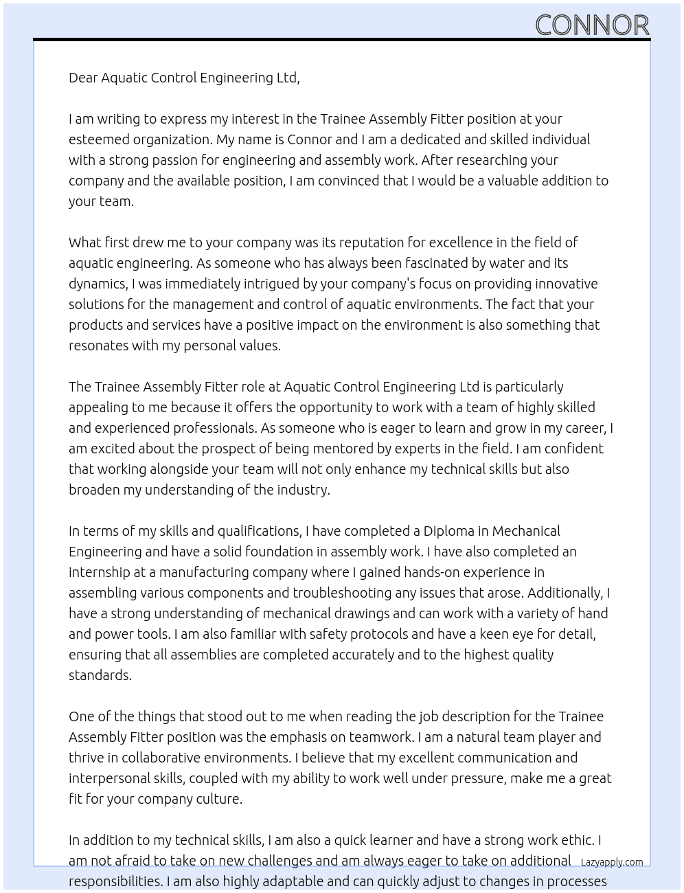 trainee Assembly Fitter At Aquatic Control Engineering Ltd Cover Letter