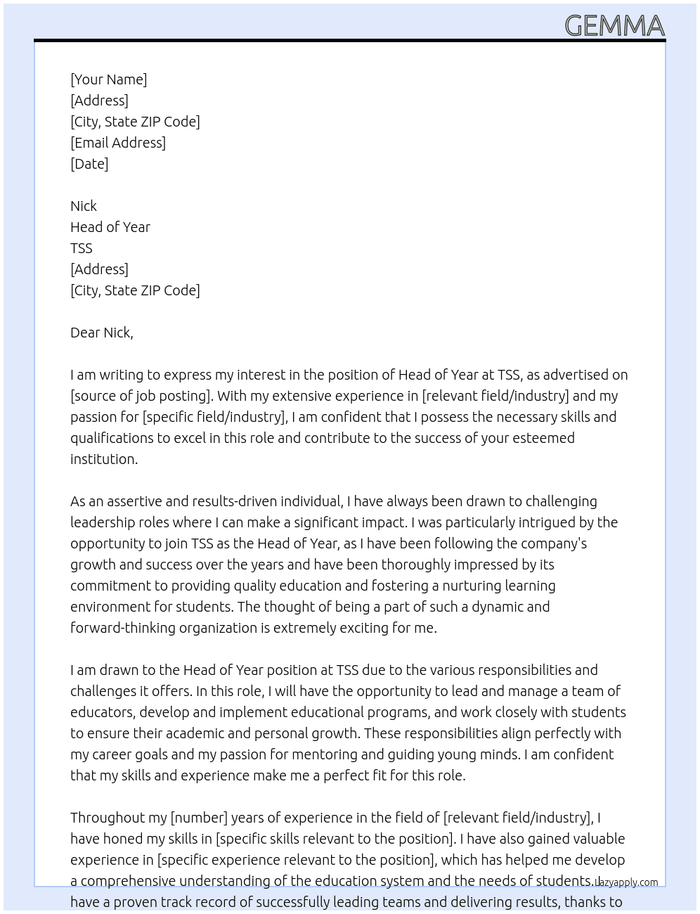 Head of year At TSS Cover Letter