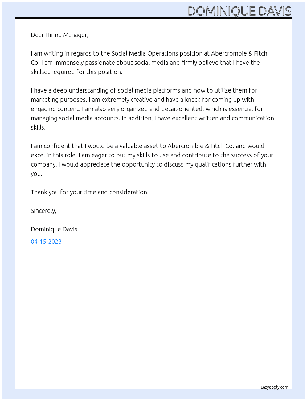 Social Media Operations At Abercrombie & Fitch Co. Cover Letter