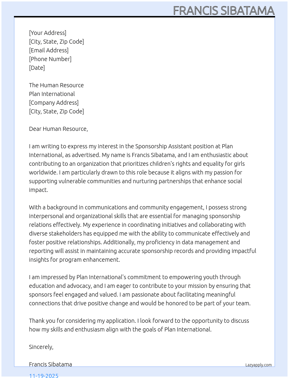 Cover letter for sponsorship assistant - LazyApply