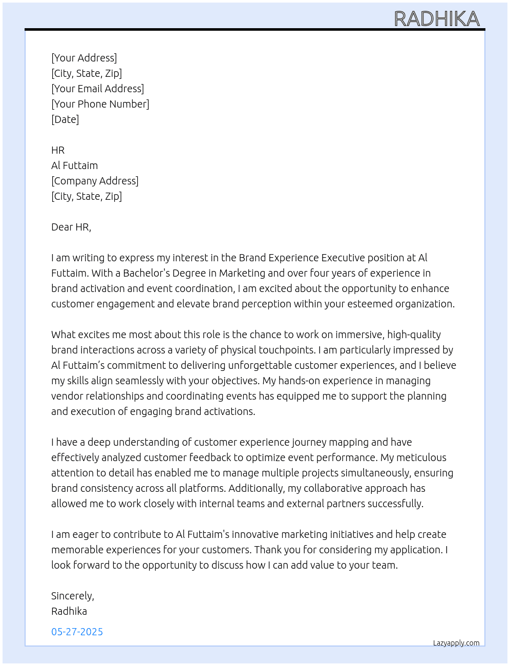Brand experience executive  At Al futtaim- Overview of the role: •  The primary focus of the role will be responsible for supporting the execution of offline brand activations, on-ground events, and showroom experiences to enhance customer engagement and brand perception. This role ensures seamless implementation of experiential marketing initiatives across key physical touchpoints, including showrooms, retail environments, sponsorship events, and activations. The individual will work closely with internal teams and external partners to deliver immersive, high-quality brand interactions that align with business objectives and customer expectations.     What you will do:     •    Support the planning and execution of brand activations, events, and sponsorships. •    Coordinate showroom experience enhancements, including layout, branding, and customer engagement elements. •    Assist in managing vendor relationships for event logistics, branding materials, and experiential setup. •    Ensure brand consistency across all physical touchpoints, including signage, merchandising, and in-store displays. •    Facilitate customer engagement initiatives such as test drives, product demonstrations, and interactive experiences. •    Monitor and analyze the effectiveness of offline activations and events through customer insights and performance report.     Required Skills to be successful: 1.- Project coordination and event planning skills 2.- Knowledge of customer experience journey mapping and experiential marketing tactics 3.- Ability to analyze customer feedback and generate performance reports 4.- Exposure to working with external agencies, vendors, and partners for event execution   About the Team: •    Reporting to the Marketing Manager and will work closely with internal and external stakeholders     What equips you for the role: •    Bachelor's Degree in Marketing, Events Management, Business Administration, or a related field. •    2 to 4 years of experience in brand experience, event coordination, or retail marketing, ideally within the automotive, luxury, or lifestyle sectors. •    Hands-on experience in event planning, showroom activations, and customer engagement initiatives. •    Understanding of customer experience management and offline brand touchpoints. •    Exposure to working with external agencies, vendors, and partners for event execution. •    Proficiency in managing branding elements across showroom and event environments. •    Detail-oriented with the ability to manage multiple projects simultaneously. Cover Letter