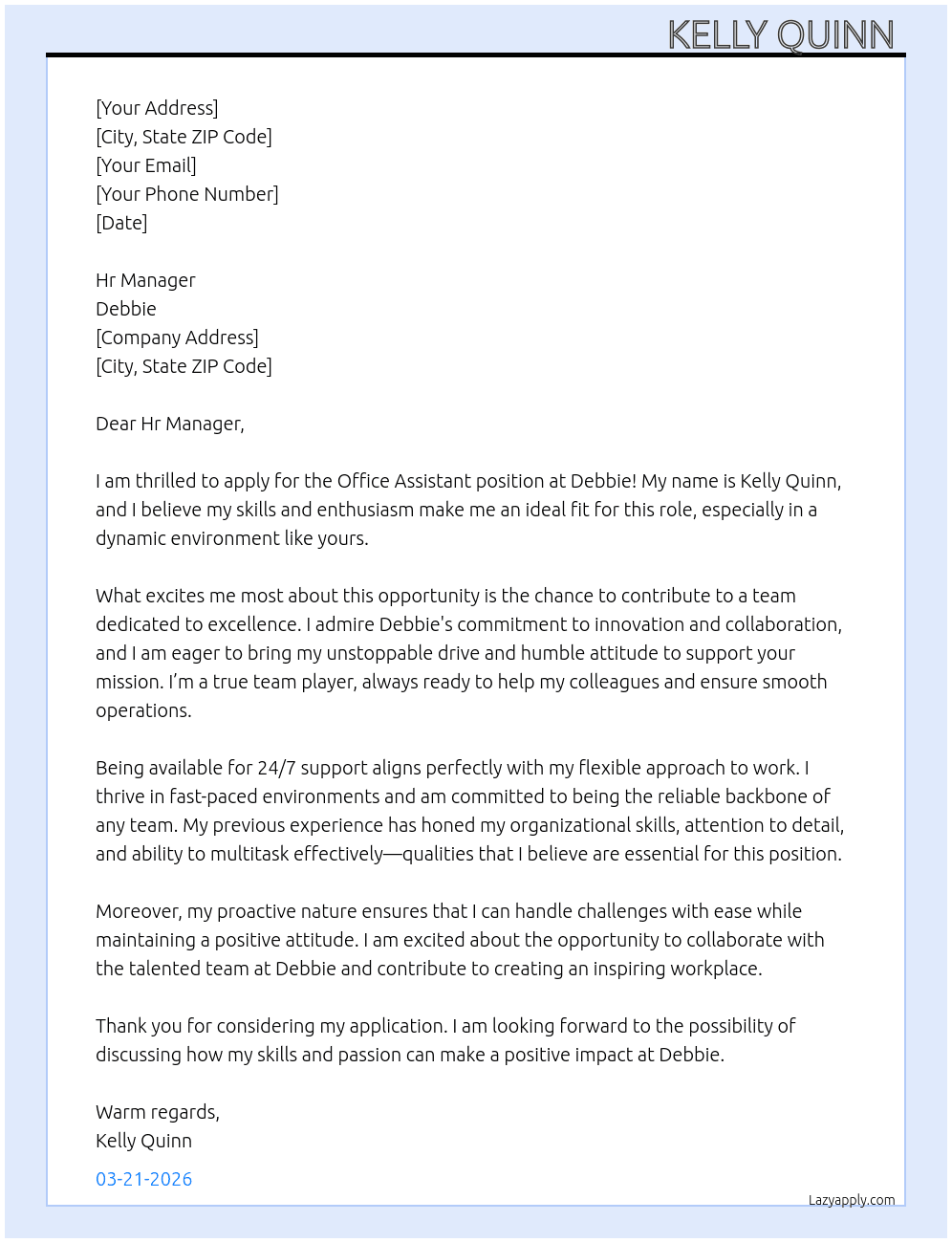 Office assistant  At Debbie  Cover Letter