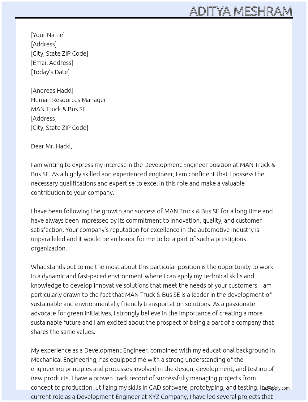 Development Engineer  At MAN Truck & Bus SE  Cover Letter