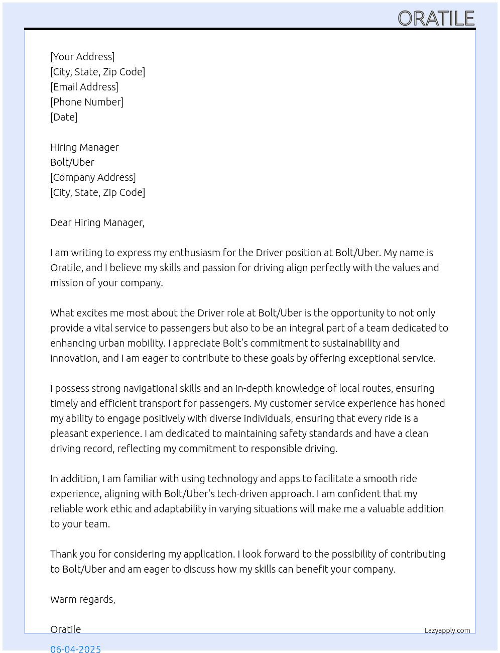 Driver At Bolt/Uber Cover Letter