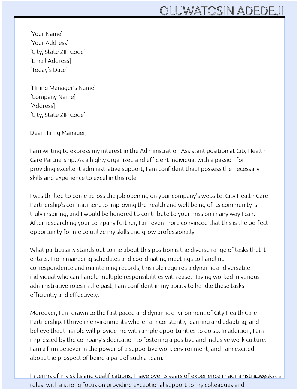 Administration Assistant At City Health Care Partnership Cover Letter