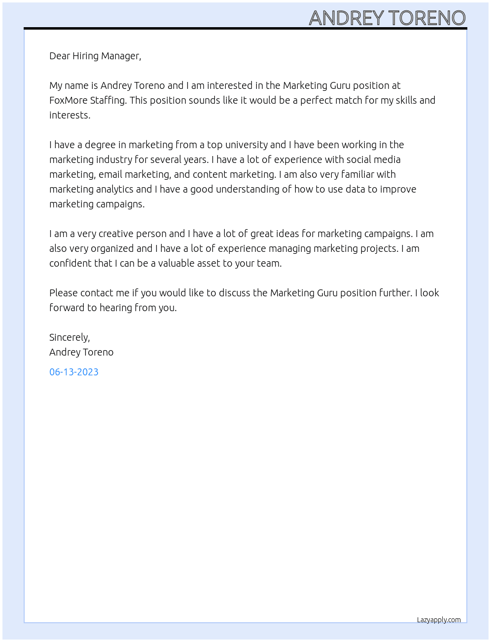 Marketing Guru At FoxMore Staffing Cover Letter
