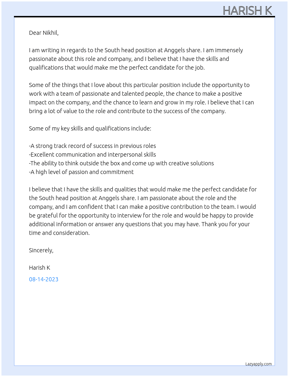 South head  At Anggels share  Cover Letter