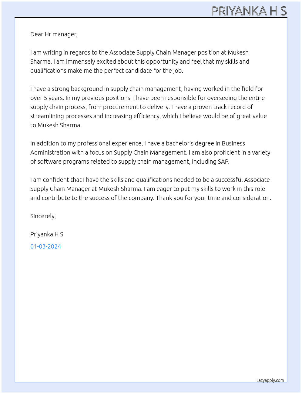 Associate Supply Chain Manager At Mukesh Sharma Cover Letter