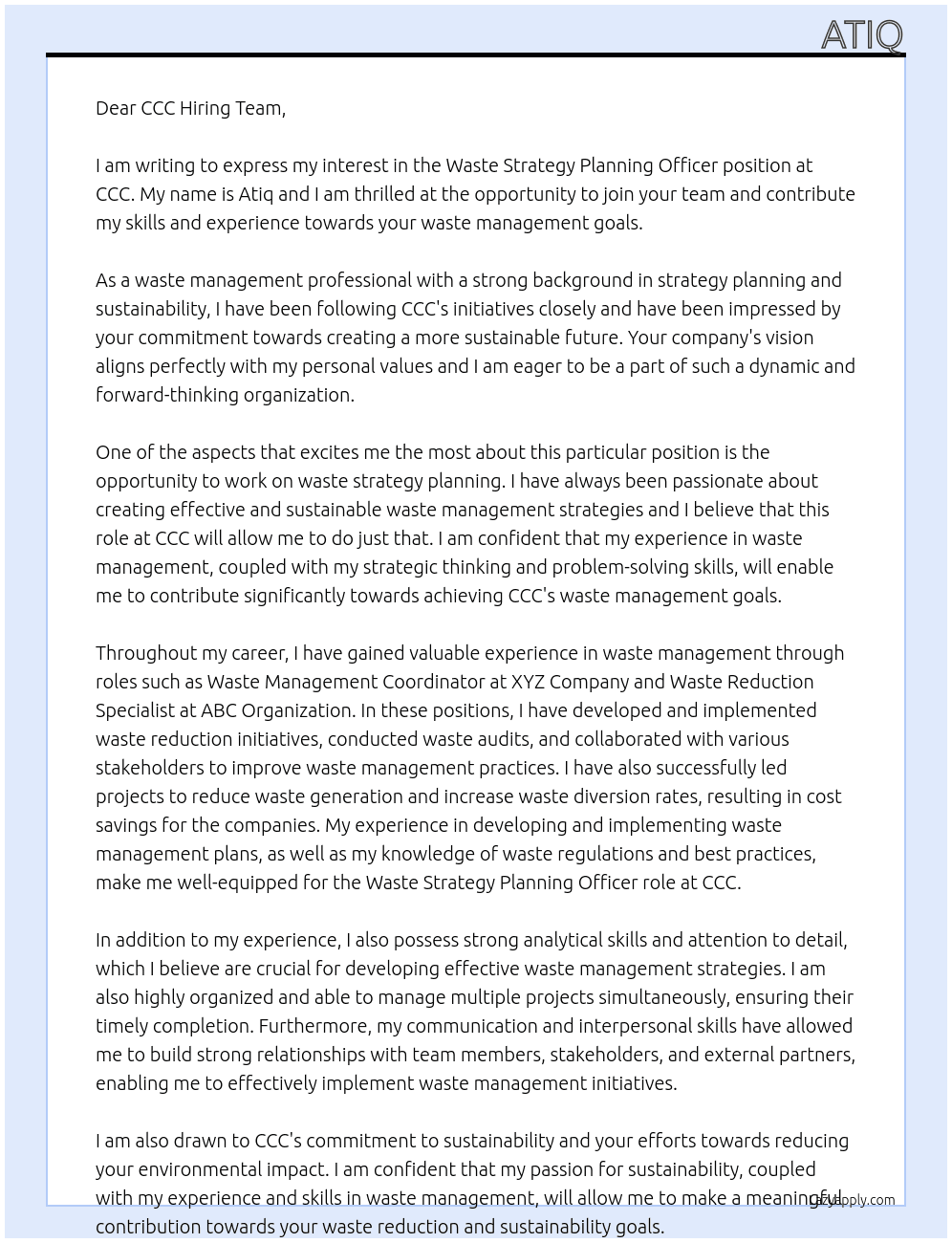 waste strategy planning officer At ccc Cover Letter