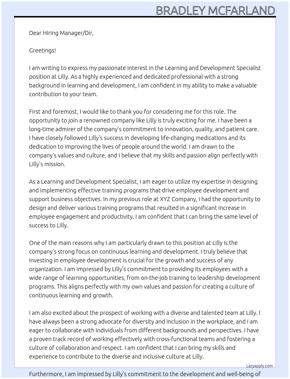 Learning and Development Specialist At Lilly Cover Letter