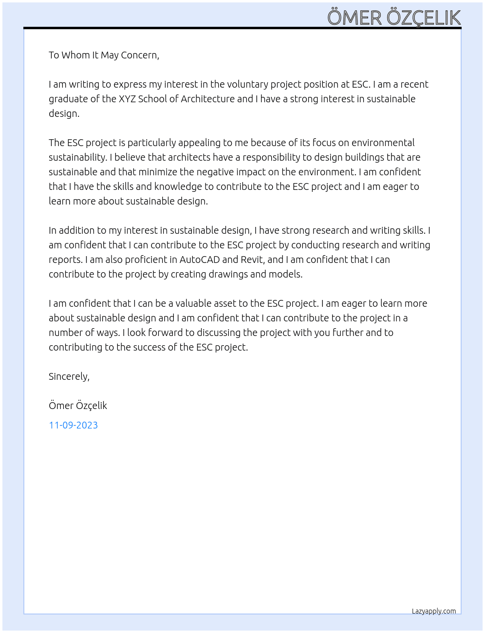 voluntary project At ESC Cover Letter