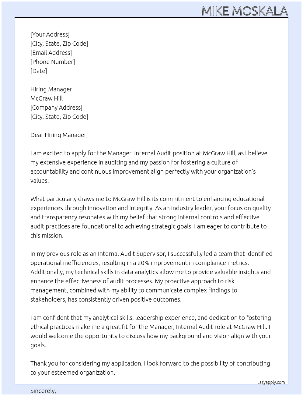 Cover letter for manager internal audit - LazyApply
