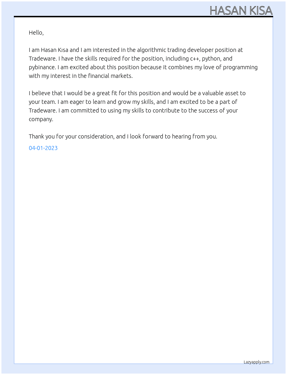 Algorithmic Trading Developer At Tradeware Cover Letter