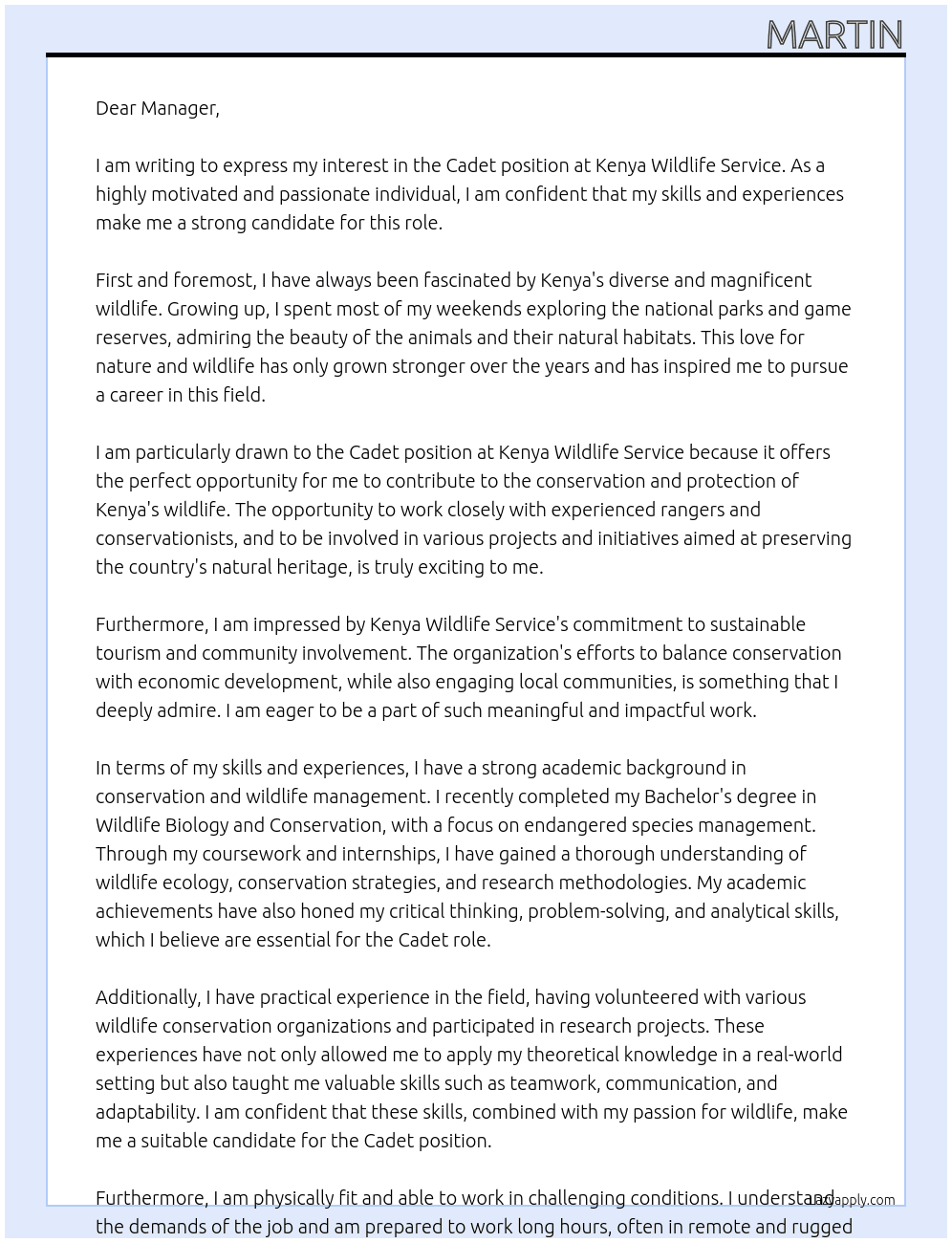 cadet At kenya wildlife service Cover Letter