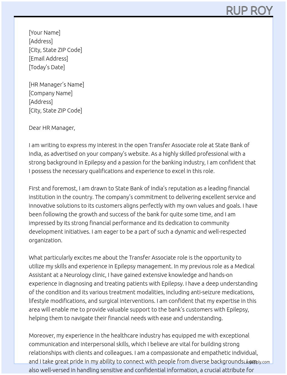 Tranfer At STATE BANK OF INDIA Cover Letter