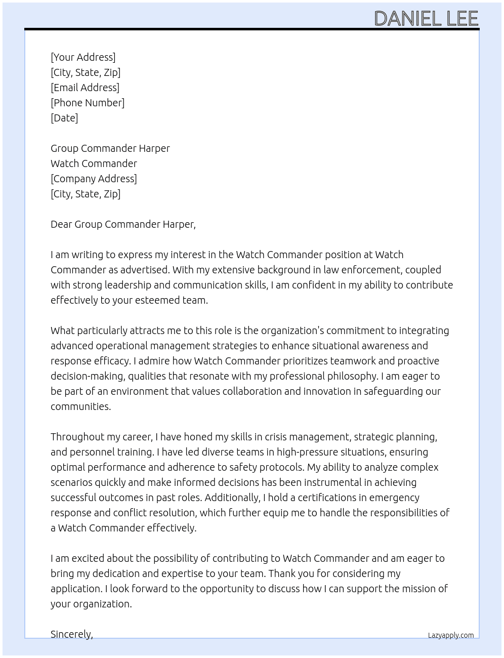 Cover letter for watch commander - LazyApply