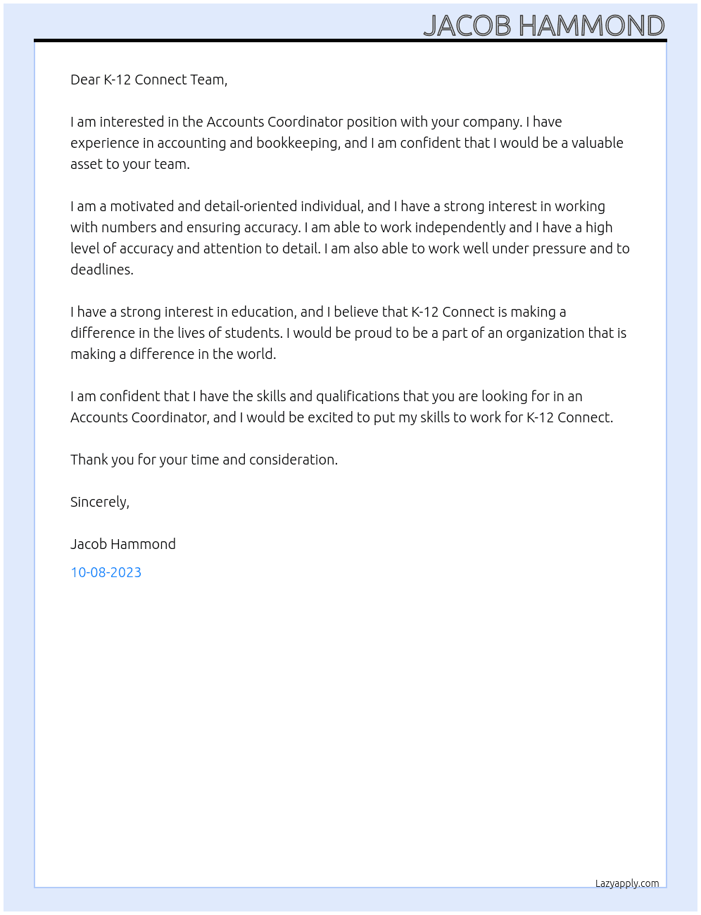 Accounts Coordinator At K-12 Connect Cover Letter