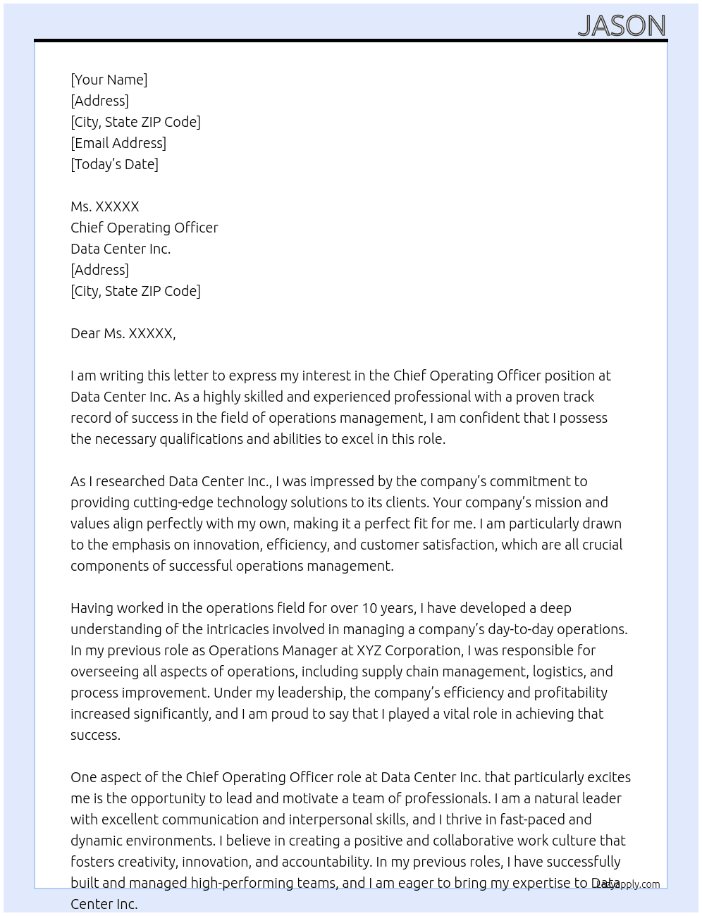 Chief Operating Officer At Data Center Inc. Cover Letter