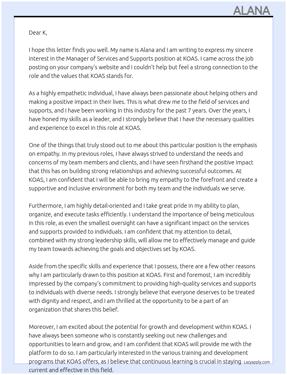 Manager of services and supports  At KOAS Cover Letter