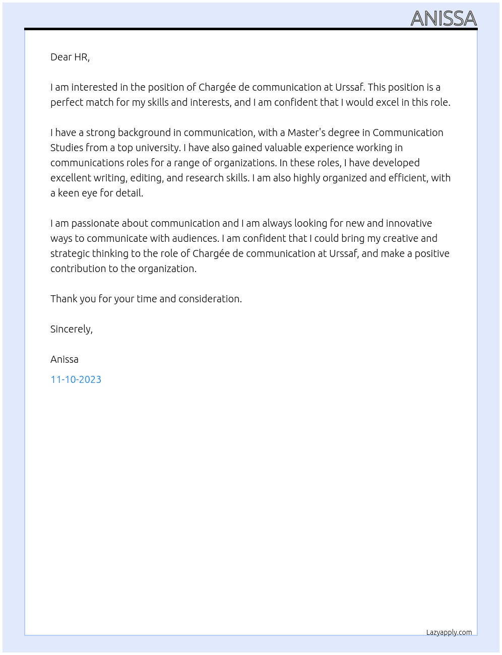 Chargée de communication At Urssaf Cover Letter
